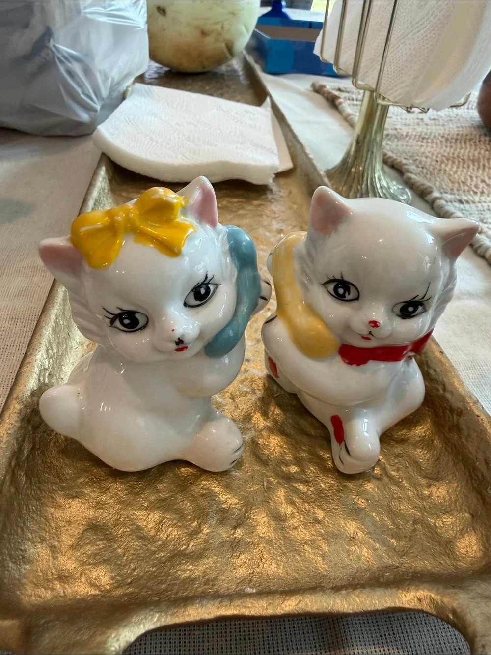 White Ceramic Cat Figurines with Yellow & Blue Accents - Pair